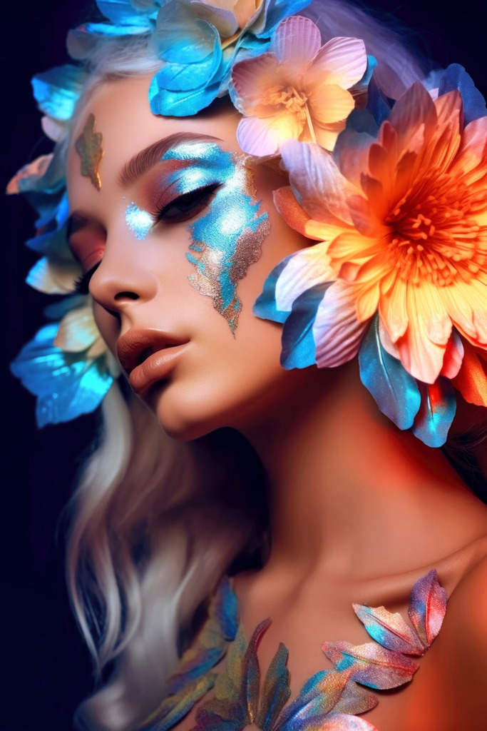 2309024 - Frau mit floralem Makeup | Modernes Kunstwerk einer Frau mit floralem floureszierendem Makeup.