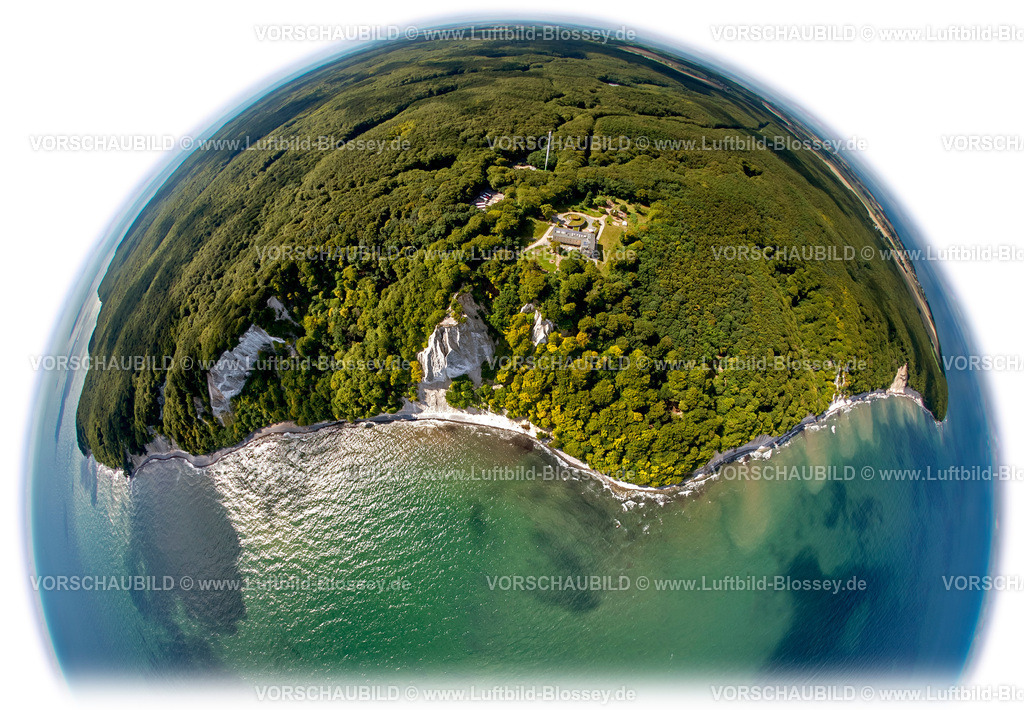Ruegen12083173JasmundKoenigsstuhl2 | Luftbild, Kreidefelsen, Nationalpark Jasmund, Grosse Stubbenkammer, Kleind Stubbenkammer, Königsstuhl, Aussichtsplattform, Fischaugenlinse, fisheyeobjektiv, rundes Bild,  Sassnitz, Insel Rügen, Mecklenburg-Vorpommern, Deutschland, Europa