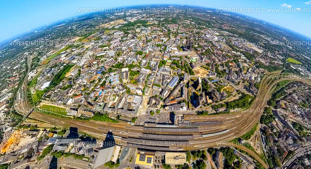 Essen230790075_Hauptbahnhof | Luftbild, Hauptbahnhof und City mit Limbecker Platz, Erdkugel, Fisheye Aufnahme, Fischaugen Aufnahme, 360 Grad Aufnahme, tiny world, Stadtkern, Essen, Ruhrgebiet, Nordrhein-Westfalen, Deutschland