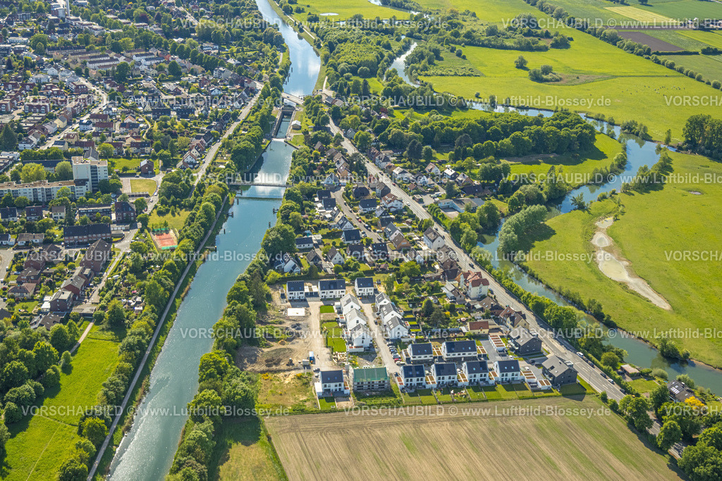 Hamm250500873 | Luftbild, Neubaugebiet für Wohnhäuser Im Fuchswinkel an der Lippestraße / Friedrichsfeld zwischen Fluss Lippe und Datteln-Hamm-Kanal, Uentrop, Hamm, Ruhrgebiet, Nordrhein-Westfalen, Deutschland