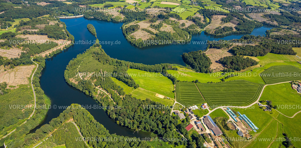 Ennepetal230801560 | Luftbild, Ennepetalsperre mit Staumauer, Wiesen und Felder, Altenbreckerfeld, Breckerfeld, Ruhrgebiet, Nordrhein-Westfalen, Deutschland