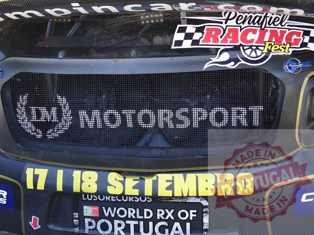 World RX of Portugal rallycross car detail | Rallycross car showing DM Motorsport grille and event information - Realized with Pictrs.com