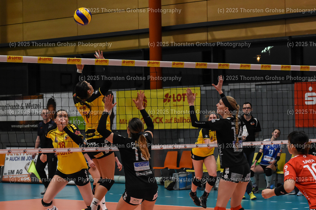 VBL VFB Suhl vs. SCHWARZ-WEISS Erfurt | (VFB Suhl) in Gelb, (Schwarz-Weiss Erfurt) in Schwarz; VBL VFB Suhl vs. SCHWARZ-WEISS Erfurt, Volleyball-Bundesliga Frauen am 17.02.2018 in der Multihalle in Meiningen, (Deutschland) - Realisiert mit Pictrs.com