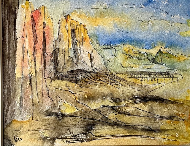Am Langkofel | Am Langkofel, Aquarell auf Hahnemühle-Bütten 600 g/qm, 34x37 mm - Realisiert mit Pictrs.com