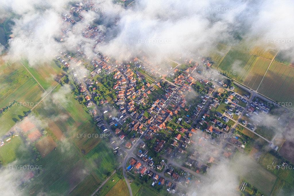 Luftbild: Holzgasse x Im Leisengarten unter Wolken in Minfeld im Bundesland Rheinland-Pfalz in Deutschland. Foto: IMG_089983.jpg vom 26.06.2016 durch Werner Riehm/FLY-FOTO.de