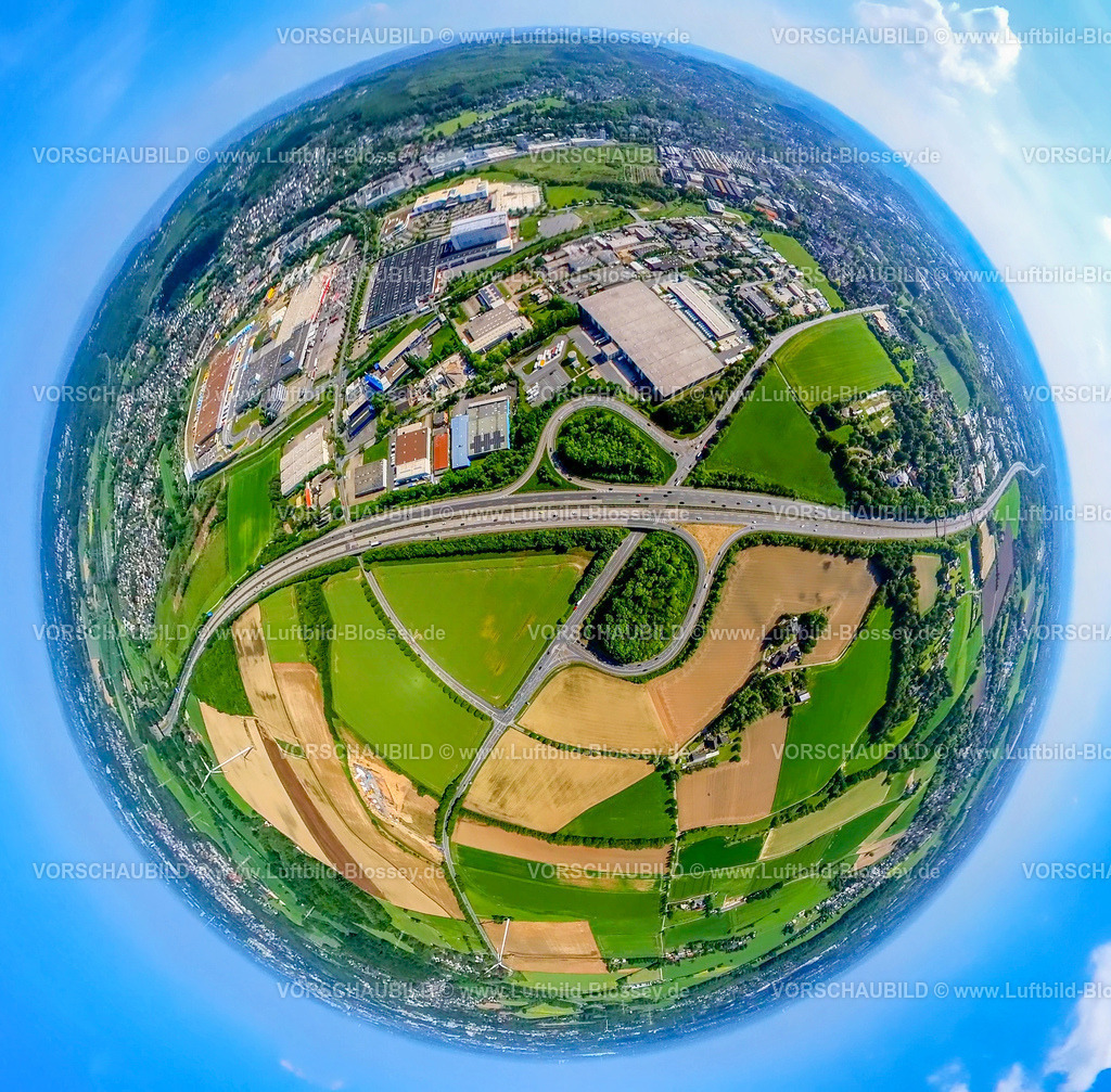 Witten240590404AnnenA448 | Luftbild von Witten, Autobahnauffahrt Witten-Annen, Stadtteil Vöckenberg, Autobahn A448, fischaugenaufnahme, fish-eye, Ruhrgebiet, Nordrhein-Westfalen, Deutschland