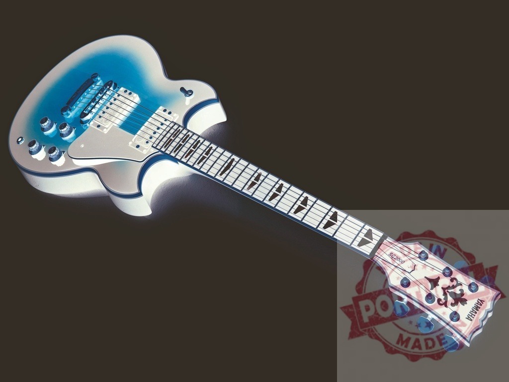 Yamaha SG2000 electric guitar resting on white background | High-angle full shot of a Yamaha SG2000 electric guitar on a plain white background, showing its elegant design and craftsmanship - Realized with Pictrs.com