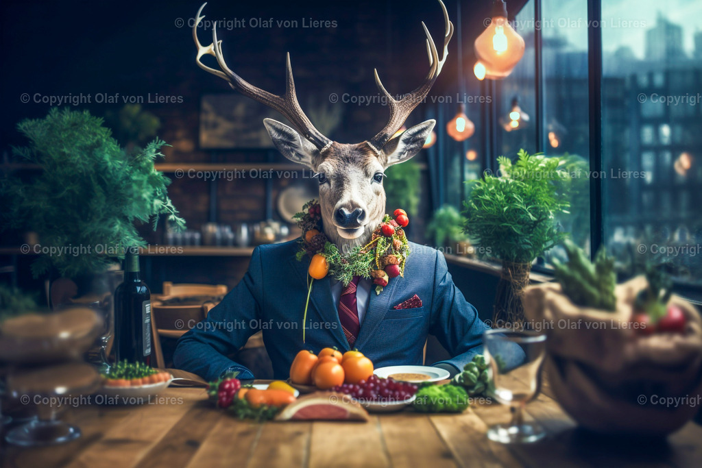 Hirsch im Restaurant | Hirsch beim Abendessen in einer Gaststätte