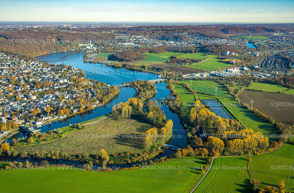 Wetter251103894 | Luftbild, Ortsansicht Wetter und Harkortsee, Fluss Ruhr mit Obergraben und Brücke Friedrichstraße, Fernsicht, und herbstliche Bäume, Wetter, Ruhrgebiet, Nordrhein-Westfalen, Deutschland