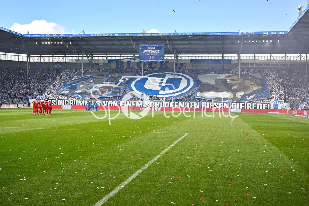 1. FC Magdeburg - Fortuna Düsseldorf | Die Fans der Hausherren haben zu Spielbeginn eine Choreographie vorbereitet / Ultras / Choreo / 2. Bundesliga: 1. FC Magdeburg - Fortuna Duesseldorf, Avnet-Arena am 18.05.2025 / DFL REGULATIONS PROHIBIT ANY USE OF PHOTOGRAPHS AS IMAGE SEQUENCES AND/OR QUASI-VIDEO