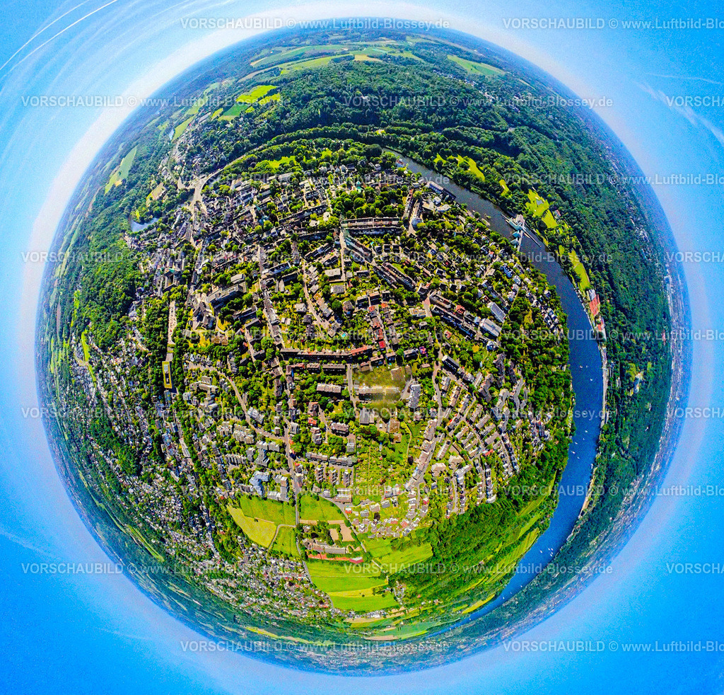 Essen250590067Werden | Luftbild, Ortsansicht Ortsteil Werden am Fluss Ruhr, Erdkugel, Fisheye Aufnahme, Fischaugen Aufnahme, 360 Grad Aufnahme, tiny world, little planet, fisheye Bild, Werden, Essen, Ruhrgebiet, Nordrhein-Westfalen, Deutschland