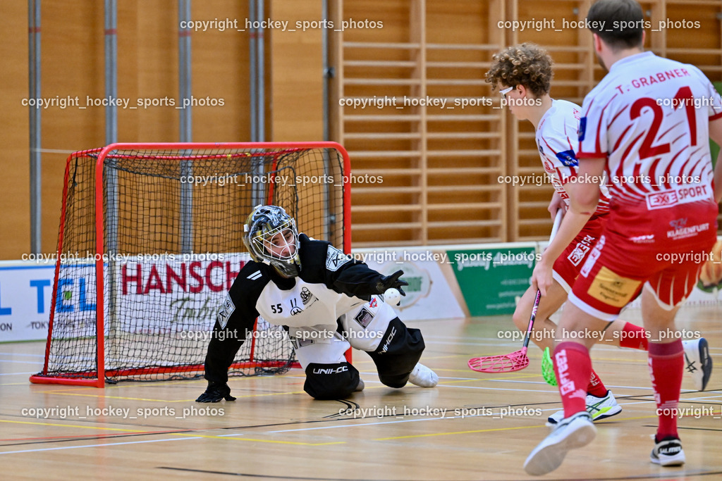 VSV Unihockye vs. KAC Floorball | #55 Maximilian Obereder KAC Floorball, #21 Tobias Grabner KAC Floorball, VSV Unihockye vs. KAC Floorball, VSV Unihockye vs. KAC Floorball am 13.04.2025 in Villach (Ballspielhalle St. Martin), Austria, (Photo by Bernd Stefan)