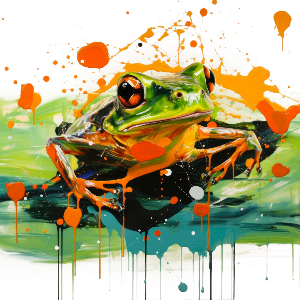2309037 - Grüner Frosch | Ein Frosch im abstrakten Gemäldestil in grünen und orangenen Farben.