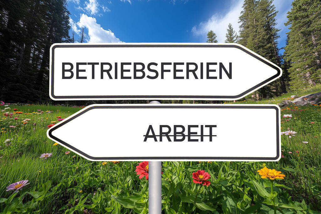 Betriebsferien Unternehmen: Richtungspfeile vor schöner Natur mit Text BETRIEBSFERIEN und ARBEIT (durchgestrichen) | Betriebsferien Unternehmen: Richtungspfeile vor schöner Natur mit Text BETRIEBSFERIEN und ARBEIT (durchgestrichen) - Realisiert mit Pictrs.com