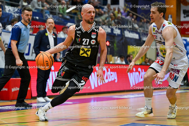 AUT, BSL, Basketball Gmunden Swans vs Flyers Wels | 10.03.2024, Raiffeisen Sportpark Gmunden, AUT, BSL, Gmunden Swans vs Flyers Wels, im Bild Benedikt Guettl (Swans) vs Christian von Fintel (Flyers)

// BSL, Basketball Super League Match between Gmunden Swans and Flyers Wels in Gmunden, Austria on 2024/03/10
