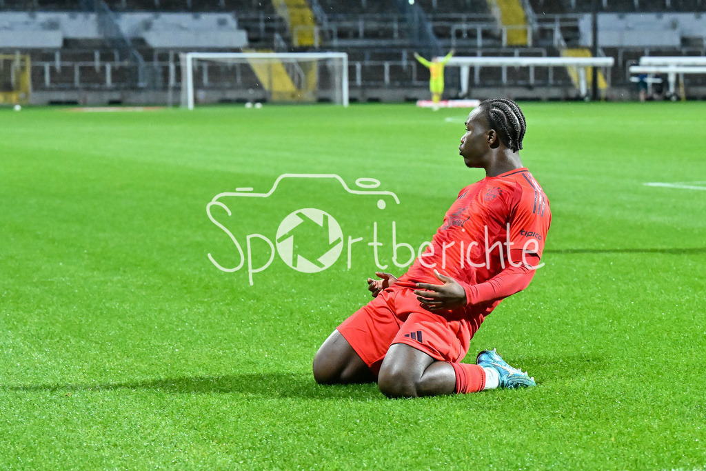 FC Bayern Amateure - TSV Buchbach | Jubel nach dem Treffer zum 1-0 durch Nestory IRANKUNDA (FC Bayern München II #7) / Tor / Freude / Happy / Torschuetze / Regionalliga Bayern: FC Bayern München II - TSV Buchbach, Gruenwalder Stadion am 27.09.2024