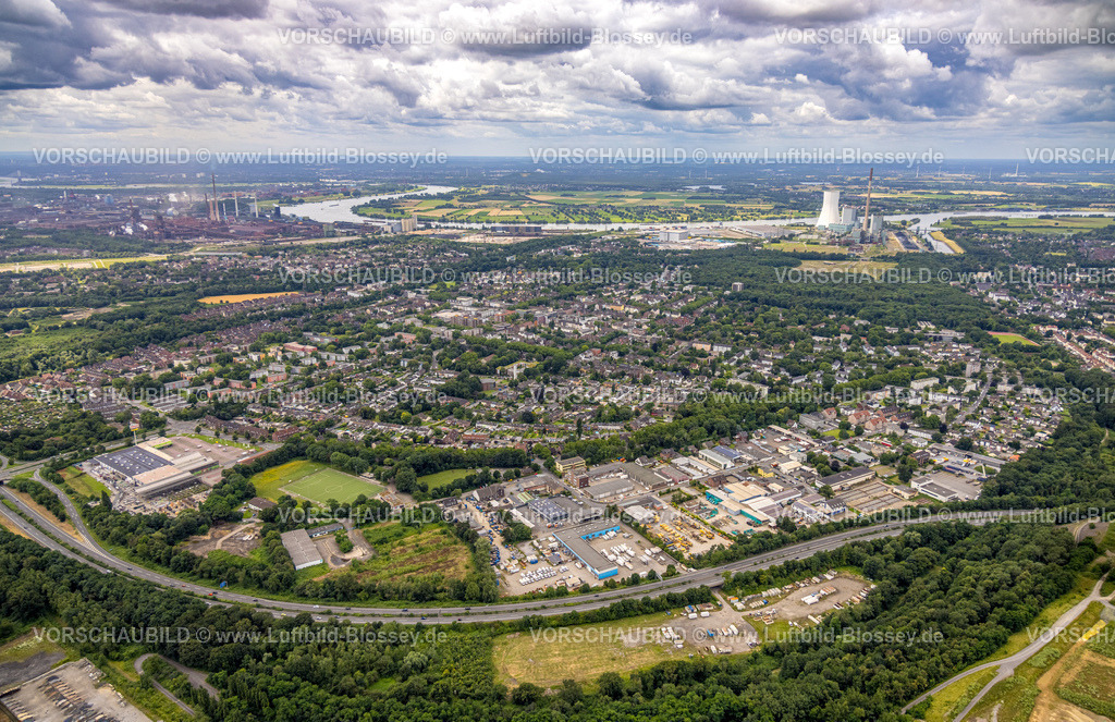 Duisburg240701942-Nord | Luftbild, Duisburg-Nord, Ortsansicht Aldenrade, Autobahn A59 und Gewerbegebiet Hülsermannshof, hinten der Fluss Rhein und das STEA Kraftwerk Walsum, Aldenrade, Duisburg, Ruhrgebiet, Nordrhein-Westfalen, Deutschland