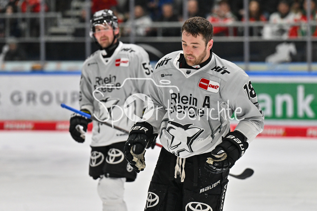 Augsburger Panther - Kölner Haie | Nach einem harten Check von Denis REUL (Augsburger Panther #29) an Josh CURRIE (Koelner Haie #18) faehrt Josh CURRIE (Koelner Haie #18) benommen zur Bank / DEL: Augsburger Panther - Koelner Haie, Curt Frenzel Stadion am 02.03.2025