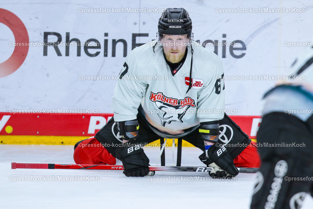 KoeDEL08032401005 | 08.03.2024, Köln, Eishockey, Penny DEL, 52. Spieltag, Lanxess-Arena, Kölner Haie - Adler Mannheim: Stanislav Dietz (Kölner Haie) beim Aufwärmen vor dem Spiel.