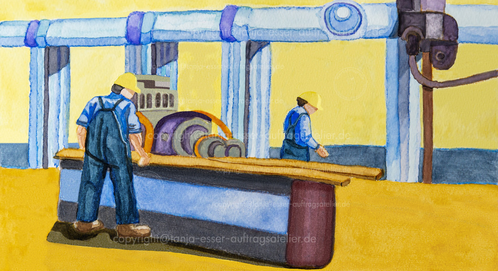 Maenner im Saegewerk D | 2 Männer arbeiten in einem Sägewerk. Sie tragen Latzhosen und Helme. Aquarell auf Aquarellpapier. Illustration im Panoramaformat.