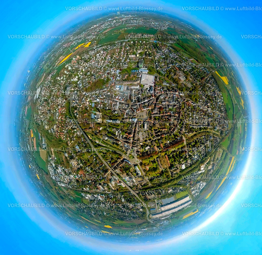 Kamen230490813Mitte | Luftbild, Kamen-Mitte, Quadrat Einkaufszentrum,  Erdkugel, Fisheye Aufnahme, Fischaugen Aufnahme, 360 Grad Aufnahme, , Kamen, Ruhrgebiet, Nordrhein-Westfalen, Deutschland