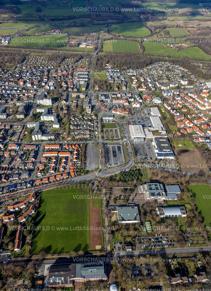 Hamm230216041 | Luftbild, Einkaufszentrum an der Ostwennemarstraße, Freiherr-vom-Stein-Gymnasium, Uentrop, Hamm, Ruhrgebiet, Nordrhein-Westfalen, Deutschland
