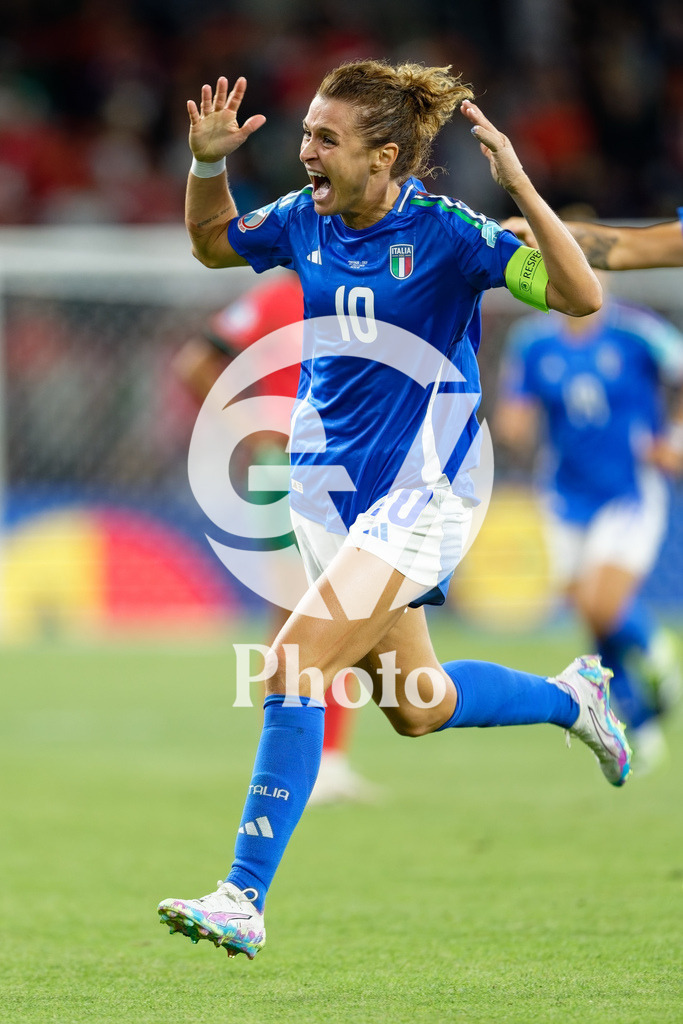 Portugal v Italy - UEFA Women's EURO 2025 Group B | GENEVA, SWITZERLAND - JULY 7:  Cristiana Girelli of Italy celebrates with gestures after scoring her team's first goal  during the UEFA Women's EURO 2025 Group B match between Portugal and Italy at Stade de Geneve on July 7, 2025 in Geneva, Switzerland. (Photo by Giuseppe Velletri/Sports Press Photo/Getty Images)