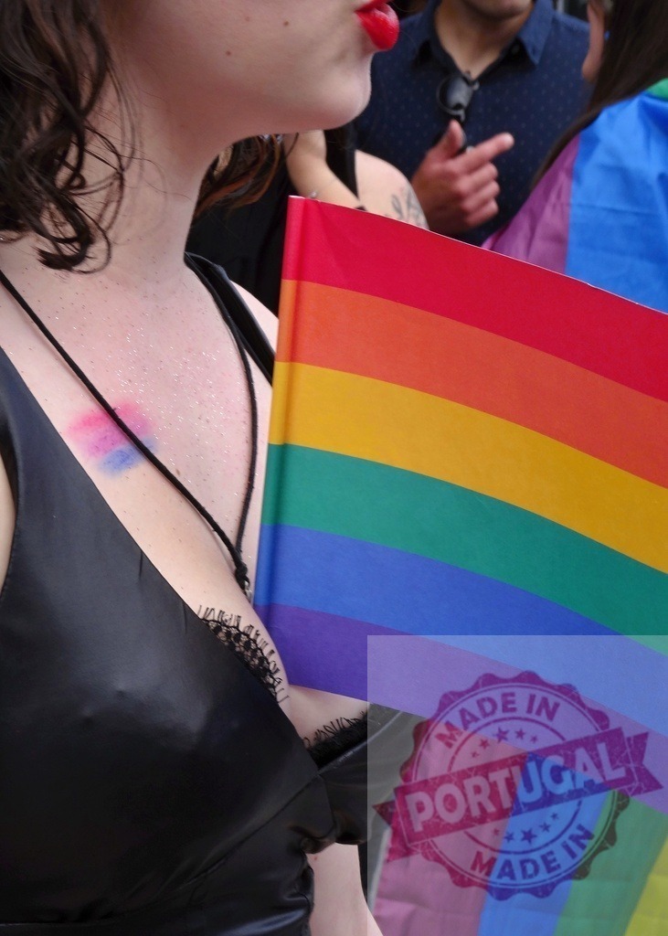 Woman holding rainbow flag celebrating Pride event | Woman holding a rainbow flag, showing bisexual pride makeup and red lipstick - Realized with Pictrs.com