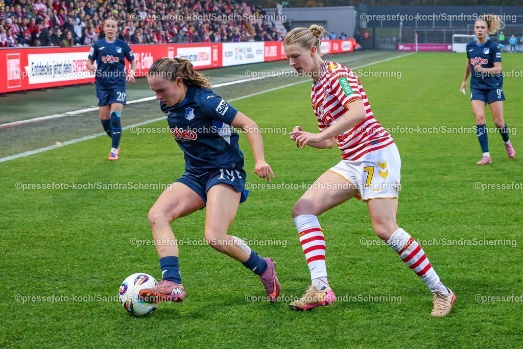 xSSCx09112501011 | 09.11.2025, xsscx, Frauen Fussball, 1. FC Koeln - TSG 1899 Hoffenheim, 1. Fuﬂball Bundesliga, 10. Spieltag, Franz-Kremer-Stadion, Saison 2025 2026: Marie Steiner (TSG Hoffenheim #19) im Zweikampf gegen Anna-Lena Stolze (1. FC Koeln #07) DFB regulations prohibit any use of photographs as image sequences and or quasi-video.