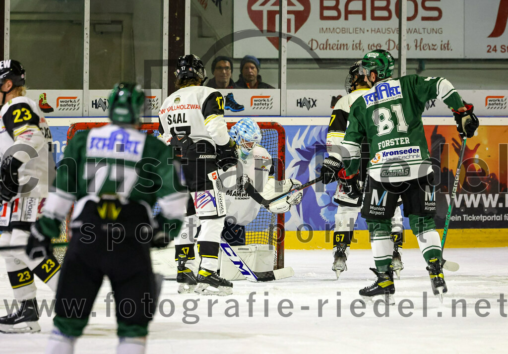 2023-11-17_013_TSV_Erding_gegen_EA_Schongau | Erding, Deutschland, 17.11.2023:
Eishockey, Bayernliga Vorrunde 2023 / 2024, 10. Spieltag, TSV Erding gegen EA Schongau, Endergebnis: 12:4

Stefan Saal (EA Schongau, #17), Torwart Xaver Nagel (EA Schongau, #80), Florian Schneider (EA Schongau, #67), Maximilian Forster (Erding Gladiators, #81)

Foto: Christian Riedel / fotografie-riedel.net