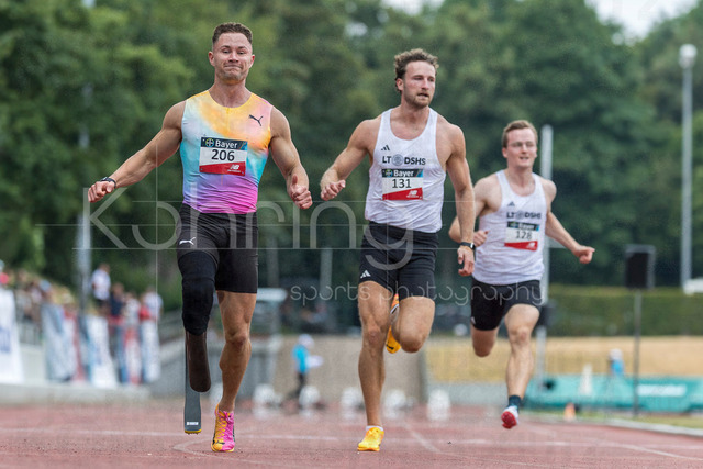 Para Heimspiel 7.0; Leverkusen, 18.07.2026 | LEVERKUSEN, GERMANY - JULY 18, 2026 : Felix Streng (GER/Sprintteam Wetzlar), Felix Thurn (GER/LT DSHS Koeln), Marius Koenig (GER/LT DSHS Koeln) competing in the 100m during the Para Heimspiel 7.0 at Fritz Jacobi Sports Complex on July 18, 2026 in Leverkusen, Germany.