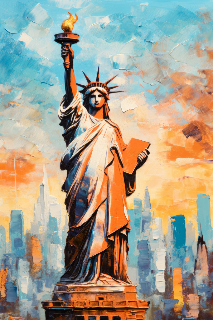 2307149 - Freiheitsstatue  | Die Freiheitsstatue und die abstrakte Skyline von Manhattan - ein digitales Bild mit der Anmutung eines Acrylgemäldes.
