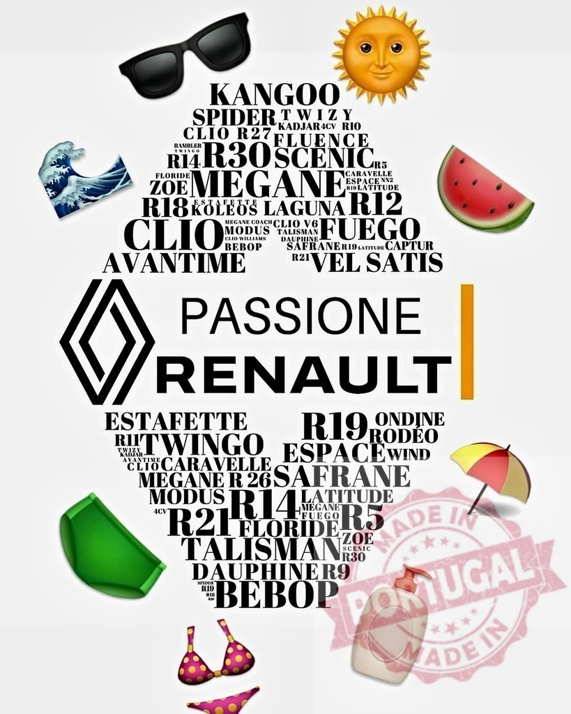 Renault car models forming passion word cloud | Renault car models and summer icons forming a word cloud for brand passion - Realized with Pictrs.com