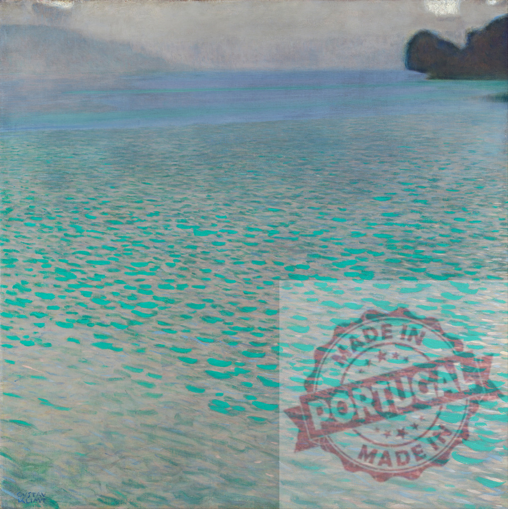 Gustav klimt Gustav Klimt painting reflecting tranquil lake water | Water ripples reflecting light, conveying a sense of calm and natural beauty - Realized with Pictrs.com