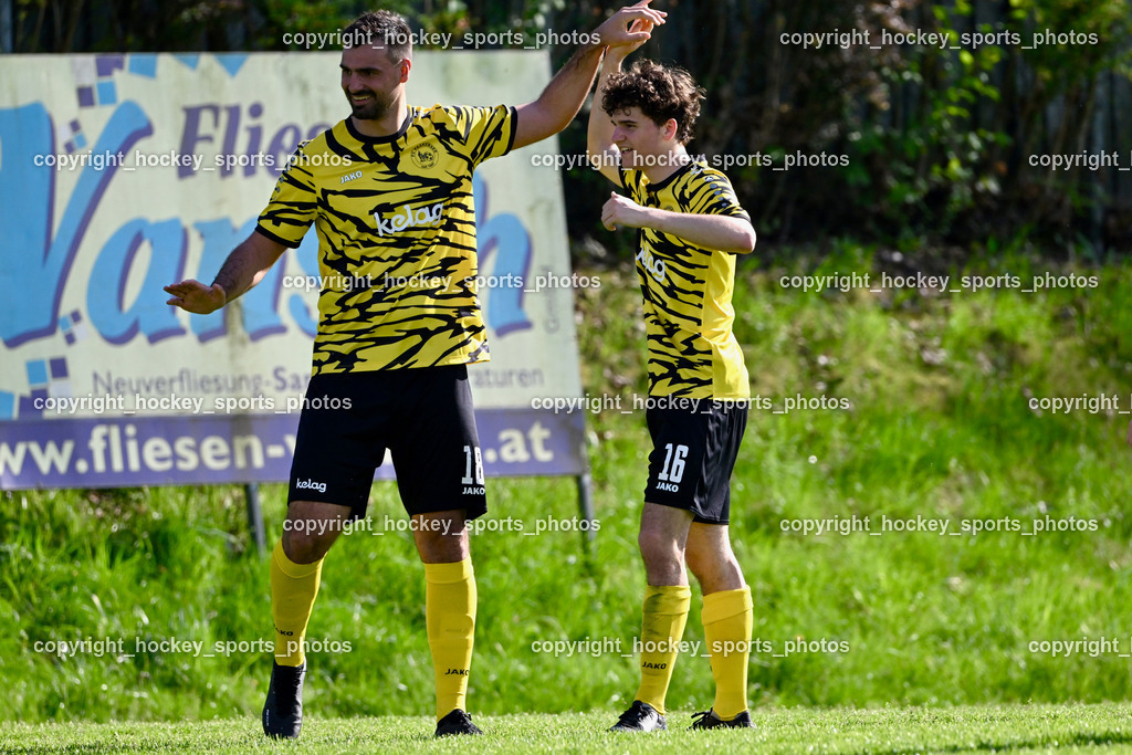 SC Magdalen vs. FC Faakersee | Jubel FC Faakersee, #18 Andreas Unterguggenberger FC Faakersee, #16 Tobias Felix Waldner FC Faakersee, SC Magdalen vs. FC Faakersee, SC Magdalen vs. FC Faakersee am 14.04.2024 in Villach (Sportplatz St. Magdalen), Austria, (Photo by Bernd Stefan)
