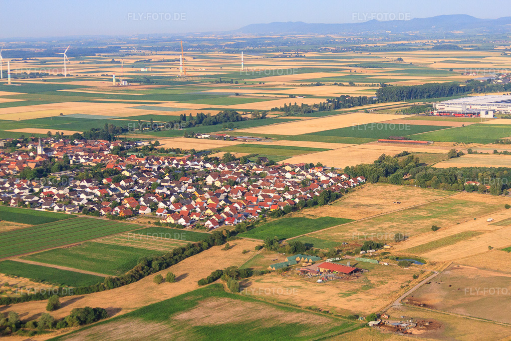 Luftbild: Dorfansicht aus Nordosten in Ottersheim bei Landau im Bundesland Rheinland-Pfalz in Deutschland. Foto: IMG_69666.jpg vom 04.07.2014 durch Werner Riehm/FLY-FOTO.de