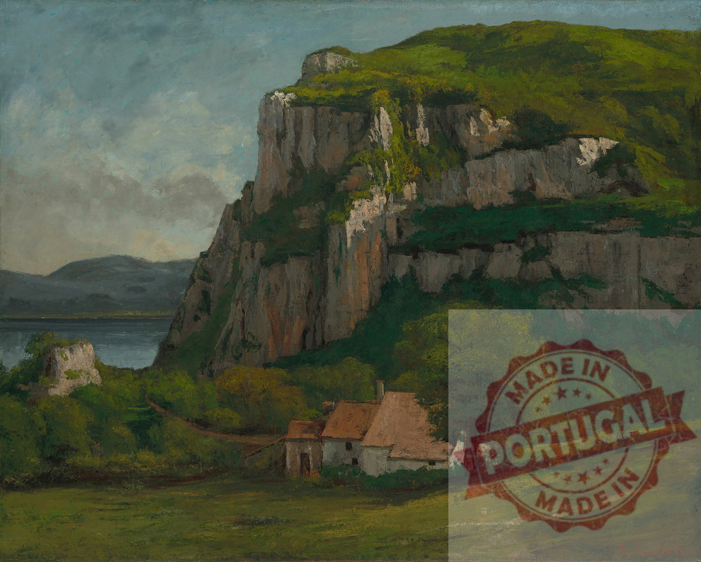 Gustave Courbet Gustave Courbet painting showing landscape with cliffs and house by water | Oil painting depicting a rustic house at base of towering cliffs overlooking a river and hills - Realized with Pictrs.com