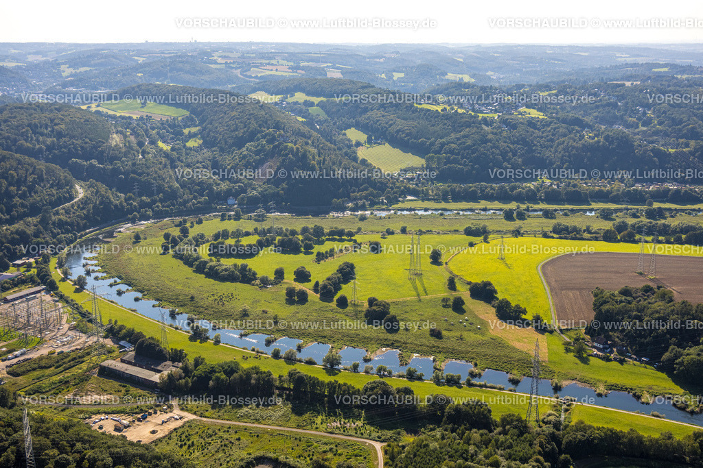Hattingen240810229 | Luftbild, Hattinger Ruhrschleife, Naturschutzgebiet Ruhraue Winz, Fluss Ruhr  mit kleinen Buhnen, Blick zum ISenberg, Winz, Hattingen, Ruhrgebiet, Nordrhein-Westfalen, Deutschland