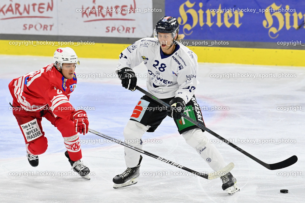 EC KAC Future Team vs. Die Adler Kitzbühl 7.10.2023 | #20 Pilloni Yannic EC KAC FUTURE TEAM, #28 Lehtonen Waltteri EC Kitzbühel, EC KAC Future Team vs. Die Adler Kitzbühl 7.10.2023, EC KAC Future Team vs. Die Adler Kitzbühl am 07.10.2023 in Klagenfurt (Messehalle Klagenfurt), Austria, (Photo by Bernd Stefan)