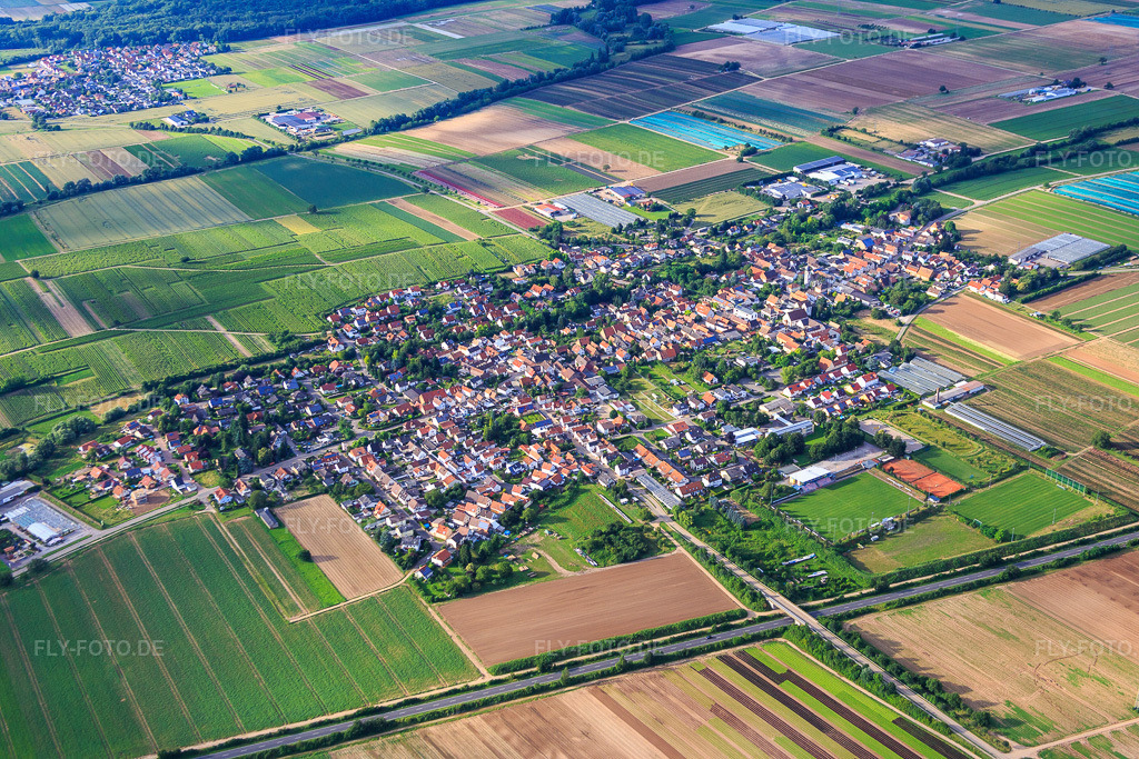 Luftbild: Dorfübersicht aus Südosten jenseits der B272 in Weingarten im Bundesland Rheinland-Pfalz in Deutschland. Foto: IMG_090066.jpg vom 26.06.2016 durch Werner Riehm/FLY-FOTO.de