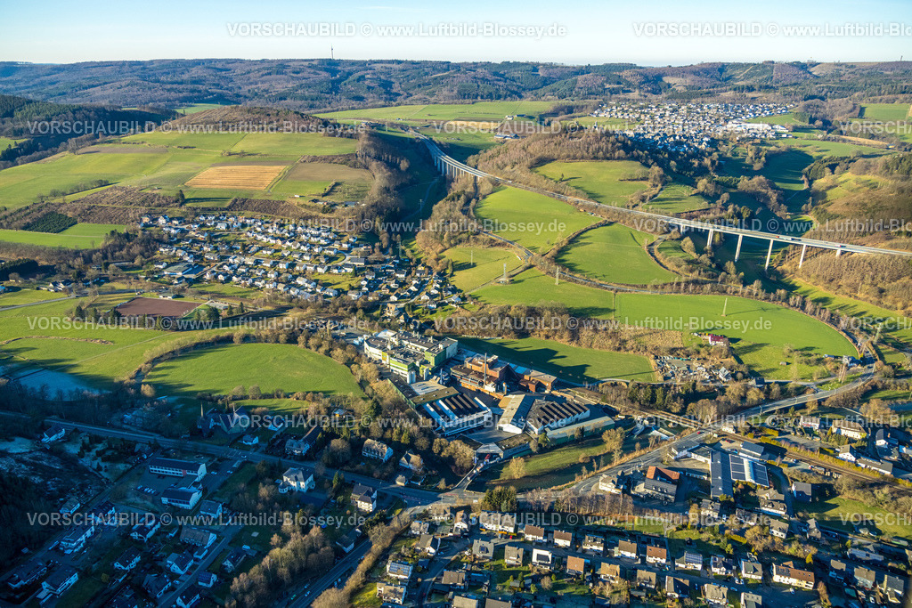 Meschede230205944 | Luftbild, M. Busch GmbH & Co. KG Werk Meschede, Autobahn A46 mit Talbrücke Eversberg, Ortsansicht Wehrstapel, Meschede, Sauerland, Nordrhein-Westfalen, Deutschland