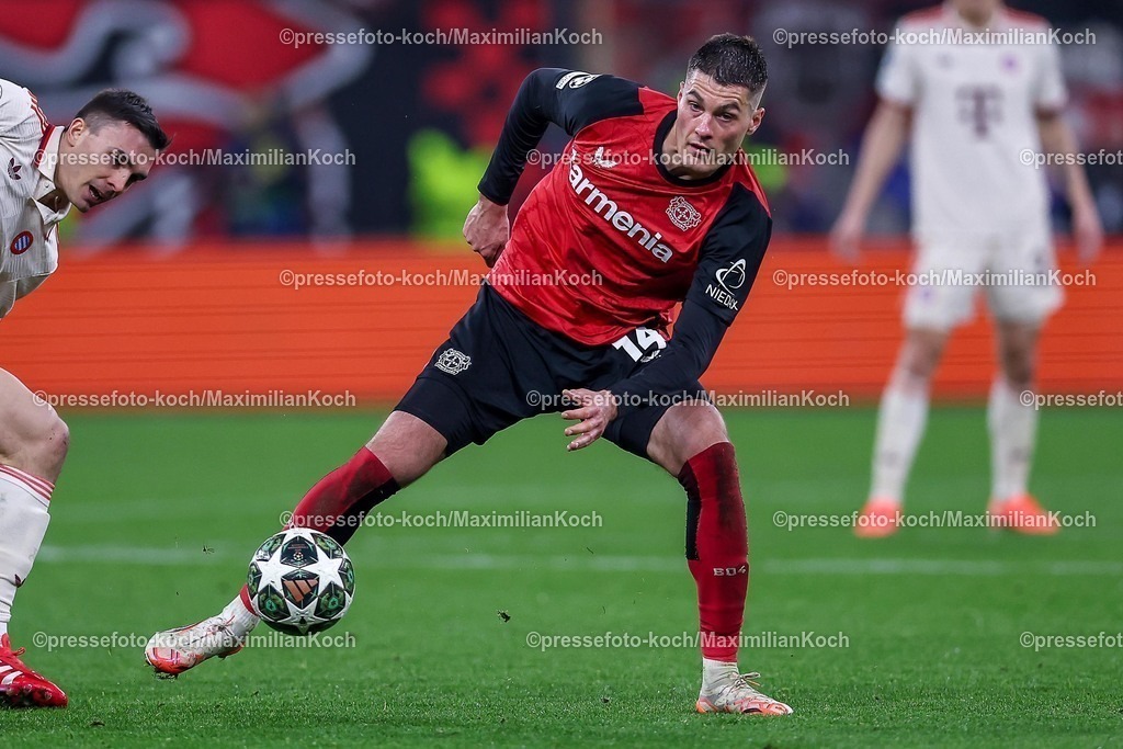 UCL11032502517 | 11.03.2025, Fußball, UEFA Champions League, Bayer 04 Leverkusen - FC Bayern München, Achtelfinale Rückspiel, BayArena, Saison 2024 2025: Jonathan Tah (Bayer04 Leverkusen #4) DFB regulations prohibit any use of photographs as image sequences and or quasi-video.