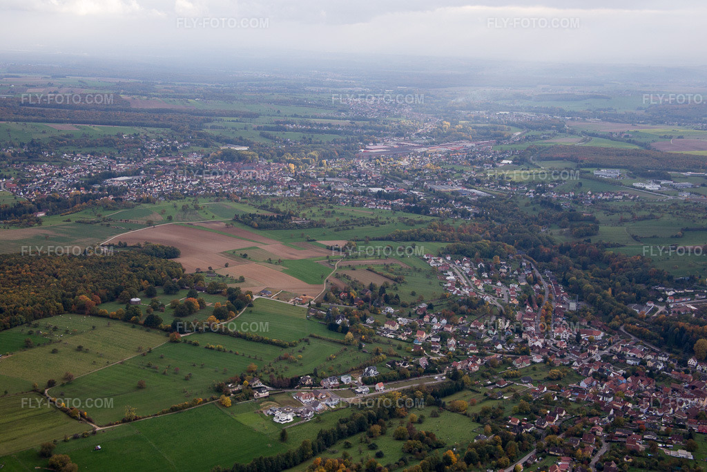 Aerial view: View of the town in Niederbronn-les-Bains in the state Bas-Rhin, France.Photo: IMG_084703.jpg taken on 10/23/2015 by Werner Riehm/FLY-FOTO.comResolution of the original: 5472 x 3648 px