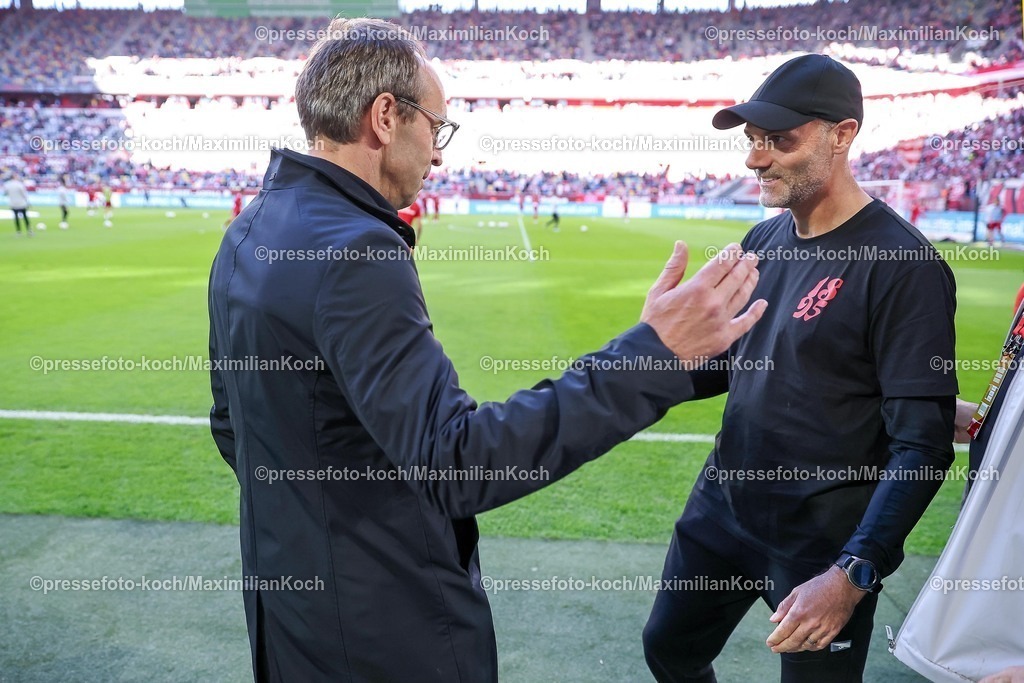F9524042601069 | 24.04.2026, Fußball, Fortuna Düsseldorf - SC Dynamo Dresden, 2. Fußball Bundesliga, Herren, Merkur Spiel-Arena, 31. Spieltag, Saison 2025 2026: Alexander Jobst (Vorstandsvorsitzender F95 Vorstand) neben Cheftrainer Alexander Ende (Fortuna Düsseldorf)  DFB regulations prohibit any use of photographs as image sequences and or quasi-video.