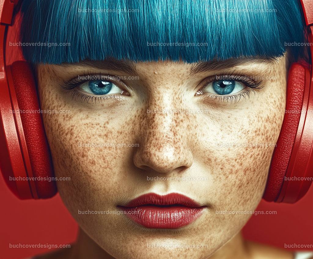 Gesicht einer Frau mit Kopfhörer (10) | girl face with skin freckles ,blue hair spread over the surface of the image, with a red headphone - studio light - vivid colors - high detail - realistic - photo --chaos 10 --ar 6:5 --stylize 50 --weird 200 --v 6.1 Job ID: 79e12e23-e30d-4177-a7ce-6f99ce543163