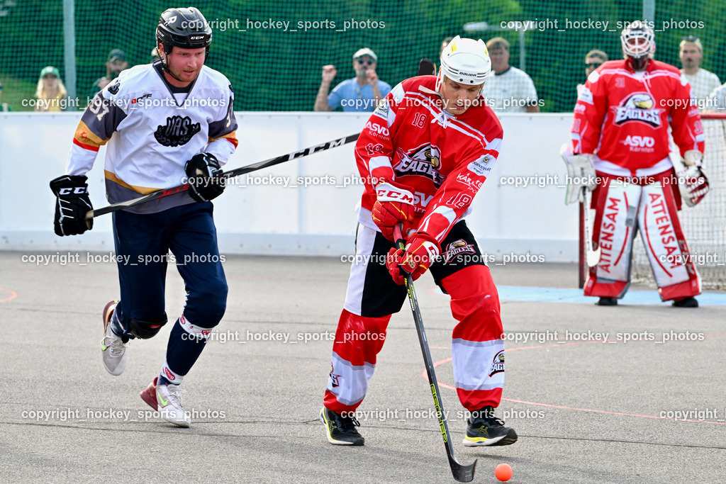 VAS Ballhockey vs. HSC Eagles Poggersdorf | #18 Steinwender Oliver, #97 Pirsch Christoph, VAS Ballhockey vs. HSC Eagles Poggersdorf, VAS Ballhockey vs. HSC Eagles Poggersdorf am 14.07.2024 in Villach (Alpen Arena ), Austria, (Photo by Bernd Stefan)
