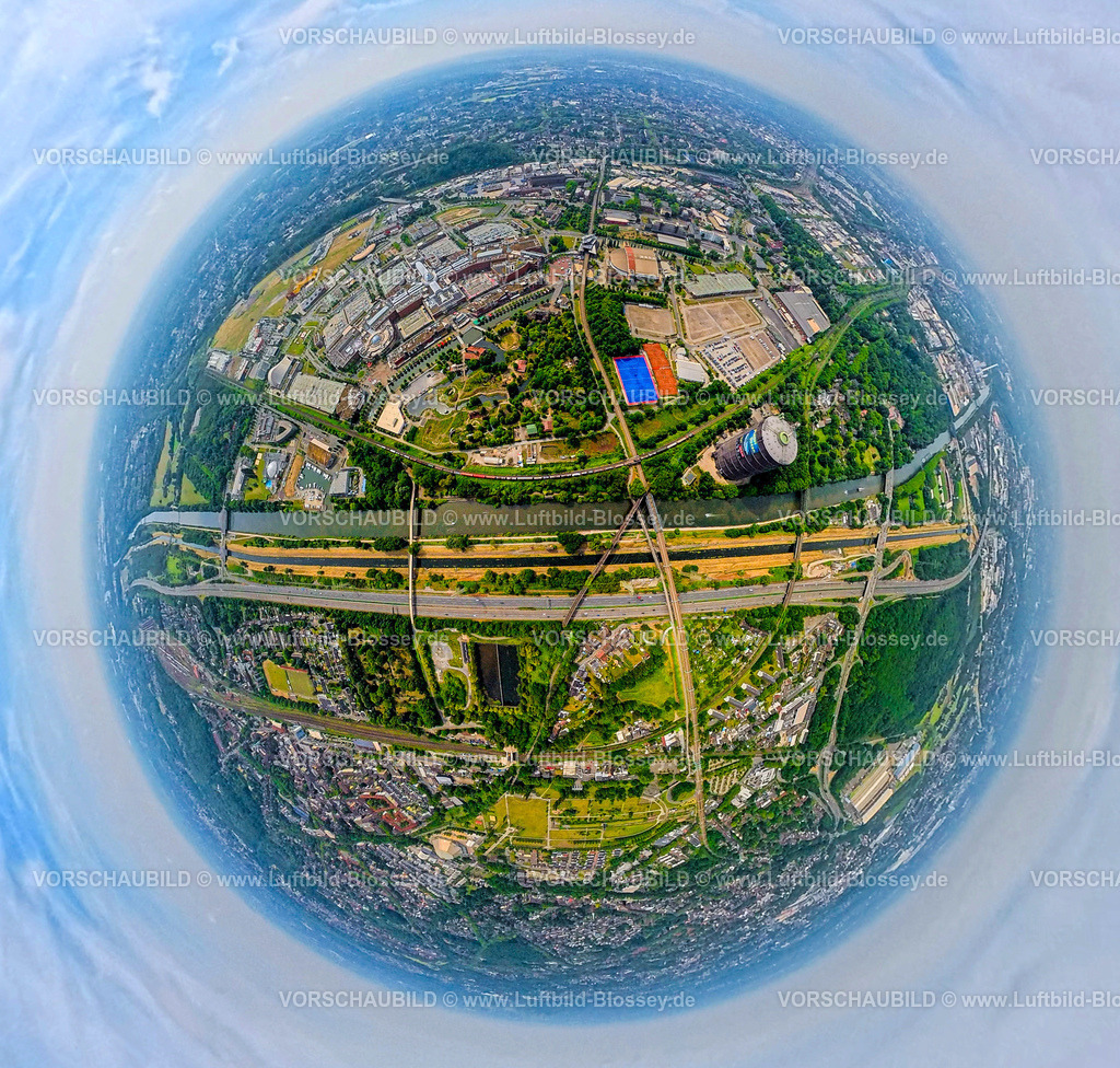 Oberhausen250590311Centro | Luftbild, Westfield Centro Einkaufszentrum Neue Mitte mit Gasometer, Autobahn A42 und Fluss Emscher, Rhein-Herne-Kanal, Erdkugel, Fisheye Aufnahme, Fischaugen Aufnahme, 360 Grad Aufnahme, tiny world, little planet, fisheye Bild, Borbeck, Oberhausen, Ruhrgebiet, Nordrhein-Westfalen, Deutschland