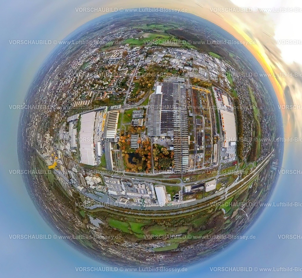 Hamm231190327GewerbegebietWest | Luftbild, Gewerbegebiet-West mit Mannesmann Precision Tubes GmbH Verwaltung und Werk Hamm, umgeben von herbstlichen Laubbäumen, Erdkugel, Fisheye Aufnahme, Fischaugen Aufnahme, 360 Grad Aufnahme, tiny world, little planet, fisheye Bild, Stadtbezirk Herringen, Hamm, Ruhrgebiet, Nordrhein-Westfalen, Deutschland