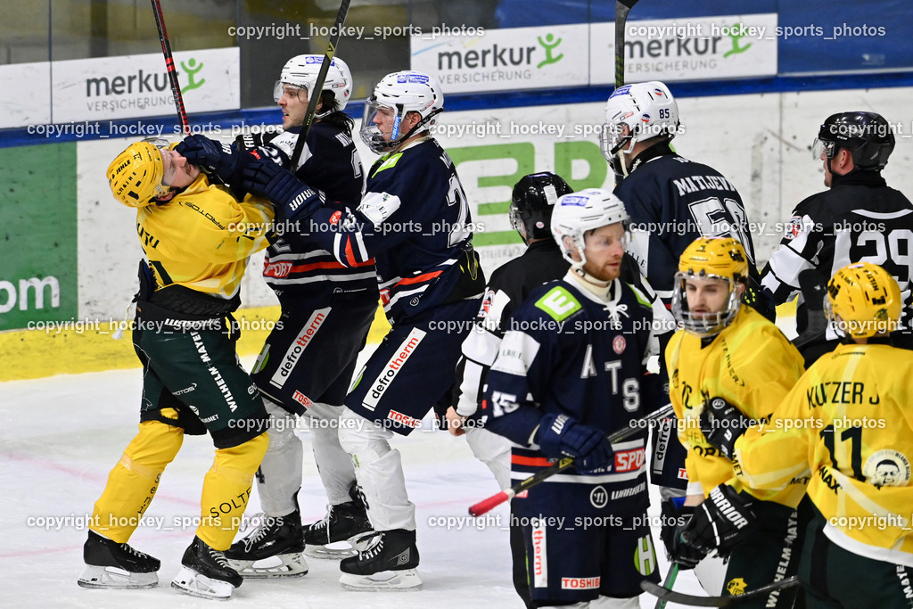 ATSE Graz vs. EHC Lustenau | #15 Zierer Nikolaus ATSE Graz, #16 Wüstner Robin EHC Lustenau, #71 Demuth Timo EHC Lustenau, #56 Matijevic Filip ATSE Graz, #23 Murg Florian ATSE Graz, ATSE Graz vs. EHC Lustenau, ATSE Graz vs. EHC Lustenau am 14.02.2026 in Graz (Merkur Eishalle ), Austria, (Photo by Bernd Stefan)
