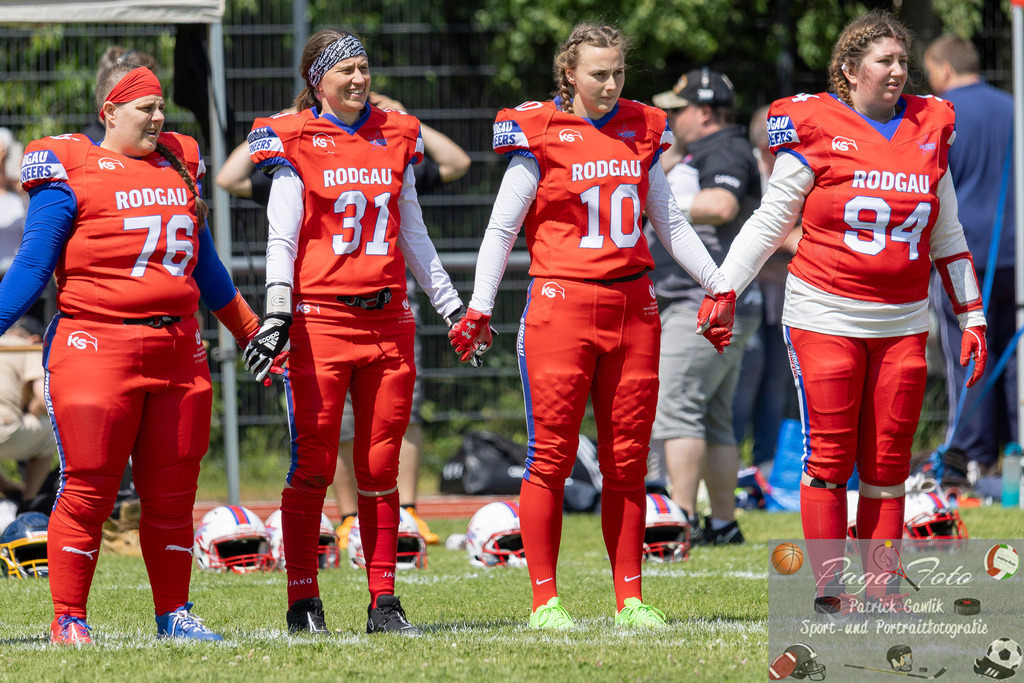 GFLW 1: German Football League Women 1: Rodgau Pioneers Ladies - Stuttgart Scorpions Sisters, 07.06.2026 | Antonia Reinecke (Rodgau Pioneers Ladies #76) &amp; Kathrin Rau (Rodgau Pioneers Ladies #31) &amp; Celine Kienitz (Rodgau Pioneers Ladies #10) &amp; Marie Yvonne Levy (Rodgau Pioneers Ladies #94), Rodgau Pioneers Ladies - Stuttgart Scorpions Sisters, Rodgau, Maingau-Energie-Stadion "Am Weichsee", 7.6.2026 - Realisiert mit Pictrs.com